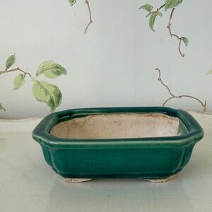 Vintage Green Glazed Footed Bonsai Pot - Planter